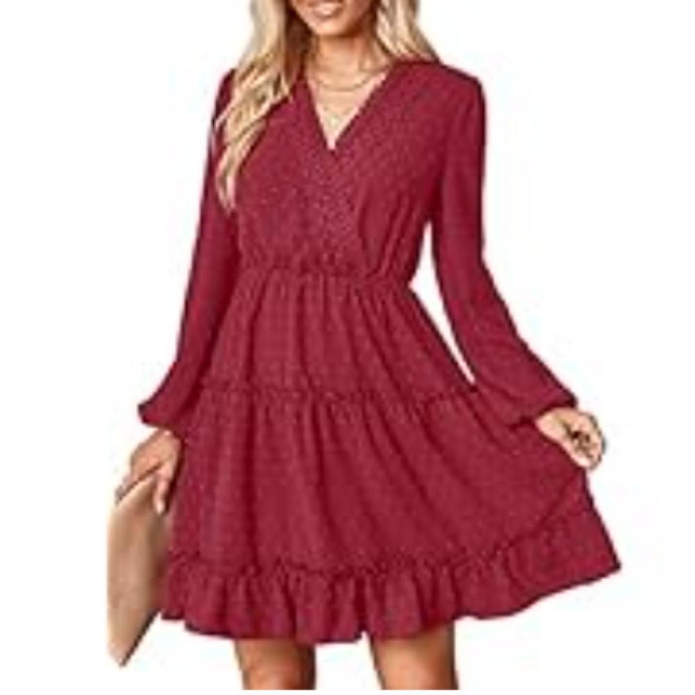 NEW Women's Yuvion V-neck Long Sleeve A-line Dress - Wine Red - Size Small
